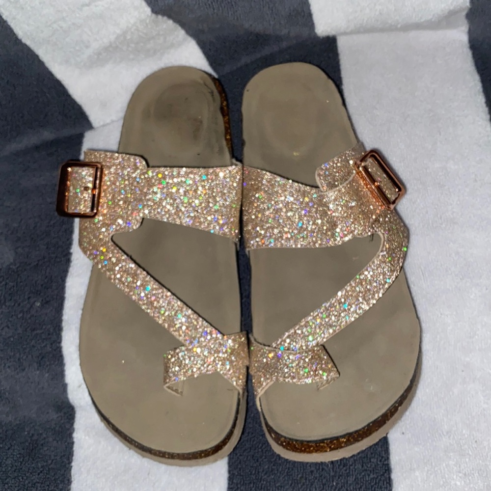MADDEN NYC rose gold glitter strap sandals cork sole sz 7.5 women